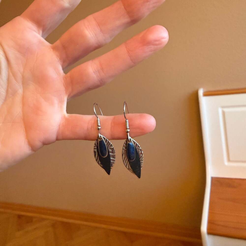 Silver Forest Earrings USA Layered Dangle Blue Black Enamel Teardrop Design
